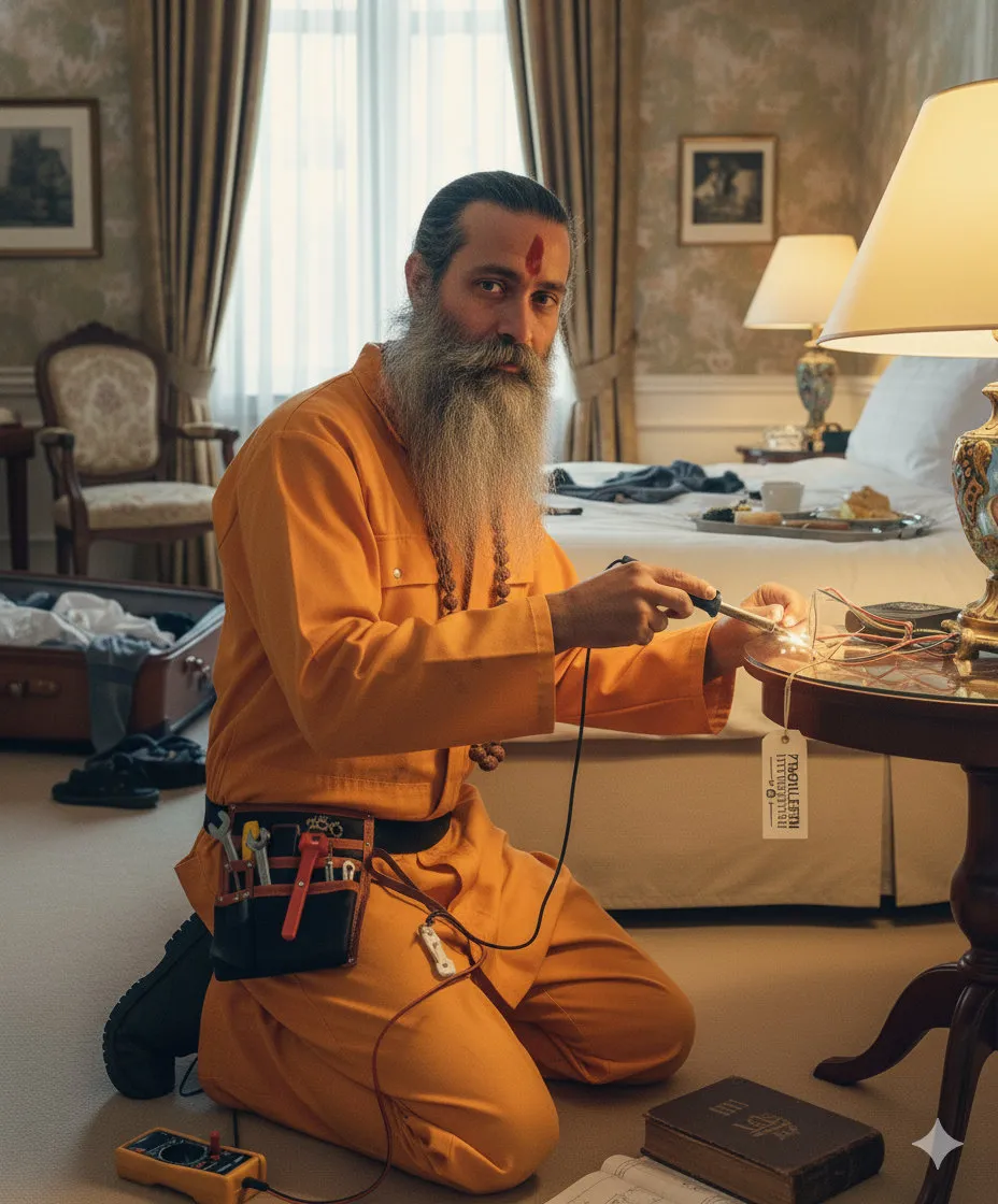 Immagine create con l&#x27;ia di me, vestito da guru, che riparo in una stanza di hotel