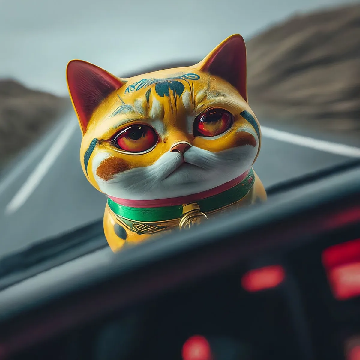 Un gatto cinese portafortuna sul cruscotto di un auto