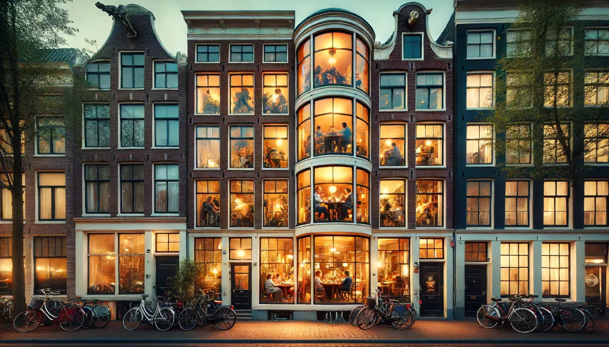 AI-generated image of houses in Amsterdam with views inside the windows