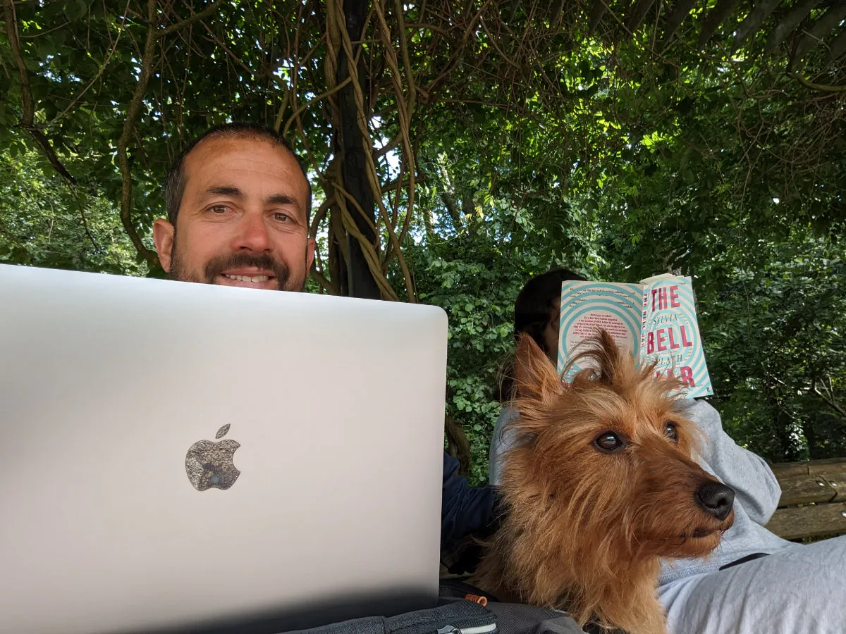 Working in the park on a bench, with JJ and Sophia
